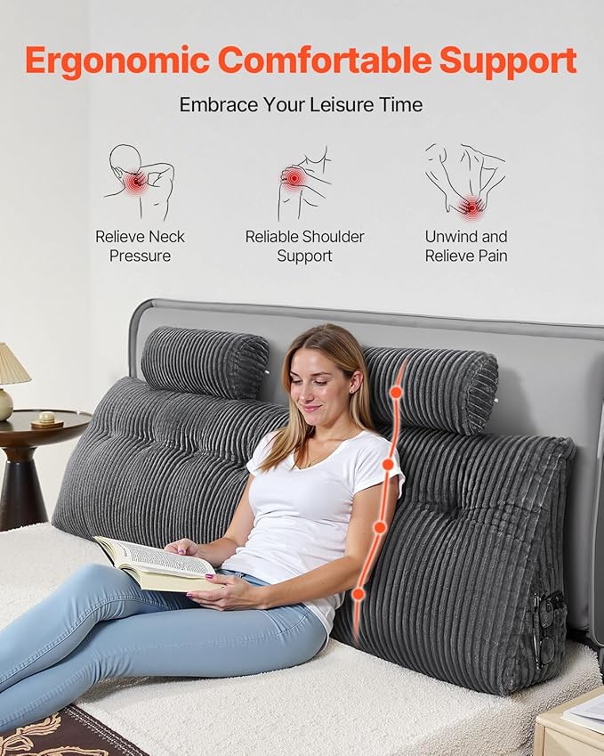 VEVOR Headboard Pillow, King Size Wedge Headboard Pillow with 2 Side Pockets and 2 Headrests, Bed Wedge Pillow with Washable Flannel Cloth, for Reading, Gaming, Resting, Working in Bed, Grey