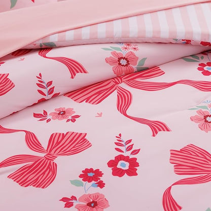 Queen Comforter Set for Girls, Pink Bow Bedding Set with Cute Floral, All Season Kids Bed in a Bag 7 Pieces with Sheets, Pillowcases & Shams