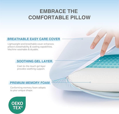 EGOHOME Cooling Gel Memory Foam Pillow - Reversible Cooling Cover, Neck Support for Side, Back and Stomach Sleepers, Removable & Machine Washable, All-Season Comfort, Standard Size, Blue
