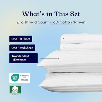 California Design Den Striped Full Size Bed Sheets Set - Soft 400 Thread Count Sateen, Natural 100% Cotton Sheets Set with Deep Pockets, Breathable, and Durable Bedding - Striped White