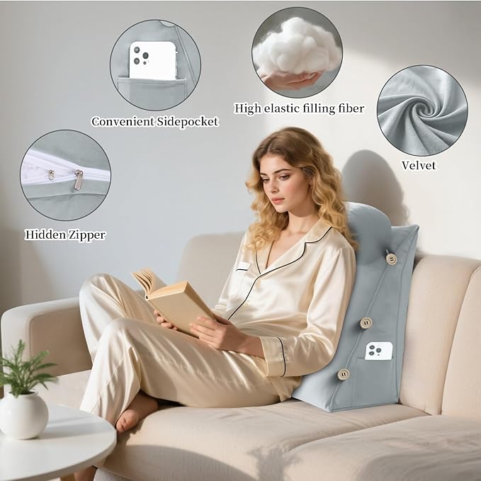 Bed Wedge Reading Pillow, Adjustable Reading Throw Cushion Triangular Pillow Wedge Couch Pillow for Lumbar Neck Back Support Pillow with Removable Cover