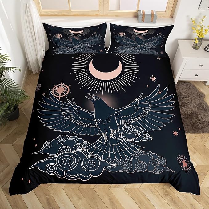 Castle Fairy Flying Bird and Moon Bedding Set Twin,Golden Stars Cloud Duvet Cover with 1 Pillow Sham Comforter Cover for Kids Boys,Raven Night Sky Quilt Cover Set Decorative 2 Pcs