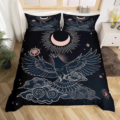 Flying Bird and Moon Duvet Cover Set King Size,Golden Stars Cloud Comforter Cover with 2 Pillowcases,3 Piece,Raven Night Sky Bedding Set for Adult Young Bedroom Xmas Gift