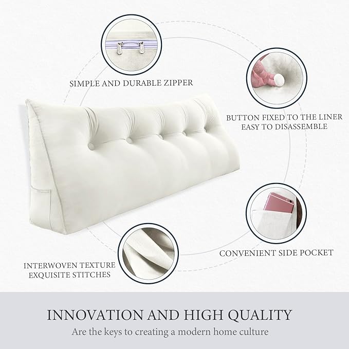 Headboard Wedge Pillow Large Reading Pillow Full Size Bed Rest Back Support Pillow for Sitting up in Bed Daybed Couch Backrest Cushion Velvet Off-White
