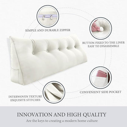 Headboard Wedge Pillow Large Reading Pillow Full Size Bed Rest Back Support Pillow for Sitting up in Bed Daybed Couch Backrest Cushion Velvet Off-White