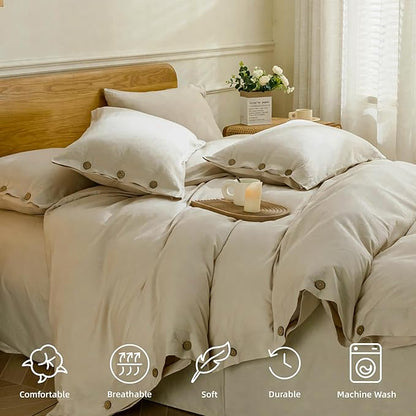 JELLYMONI Cotton Duvet Cover Queen Size - Light Khaki Comforter Cover with Button 100% Washed Cotton 3PCS Breathable Soft Solid Bedding Set Duvet Cover 90×90in & 2 Pillowcases (NO Comforter)