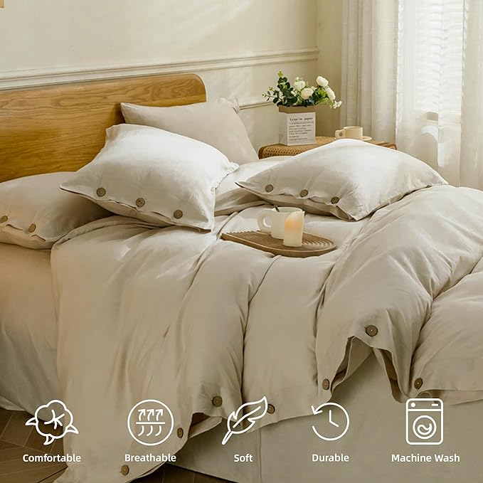 JELLYMONI Cotton Duvet Cover Full Size - Light Khaki Comforter Cover with Button 100% Washed Cotton 3PCS Breathable Soft Solid Bedding Set Duvet Cover 80×90in & 2 Pillowcases (NO Comforter)