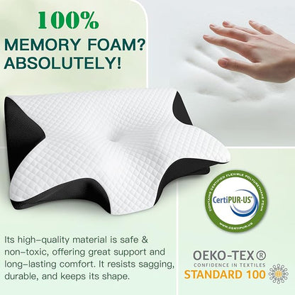Memory Foam Cervical Pillow, 2-in-1 Ergonomic Neck Support Pillow with Armrest & Ear Hole, Contour Orthopedic Bed Pillow for Pain Relief, Adjustable Height for Side, Back & Stomach Sleepers