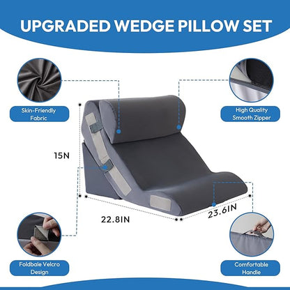 3PCS Wedge Pillow Set for After Surgery, Back Pillow for Bed Sitting up, 10-in-1 Foam Wedge Pillow for Acid Reflux & Back Pain Relief, Post Surgery Pillow for GERD & Snoring, Plush Grey