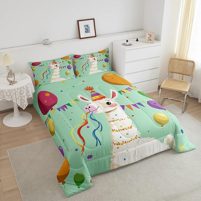 Funny Alpaca Bedding Set King Size Cartoon Wild Animal Comforter for Child Teens Colorful Balloons Dots Down Comforter Geometric Triangle Flag Duvet Insert with 2 Pillowcases