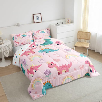Lovely Dino Kids Bedding Sets Cute Rainbow Floral Love Heart Reversible Comforter for Boys Pink Blue Dinosaur Kawaii Animal Quilt Set Soft Duvet Insert,1 Pillowcase Toddler Size