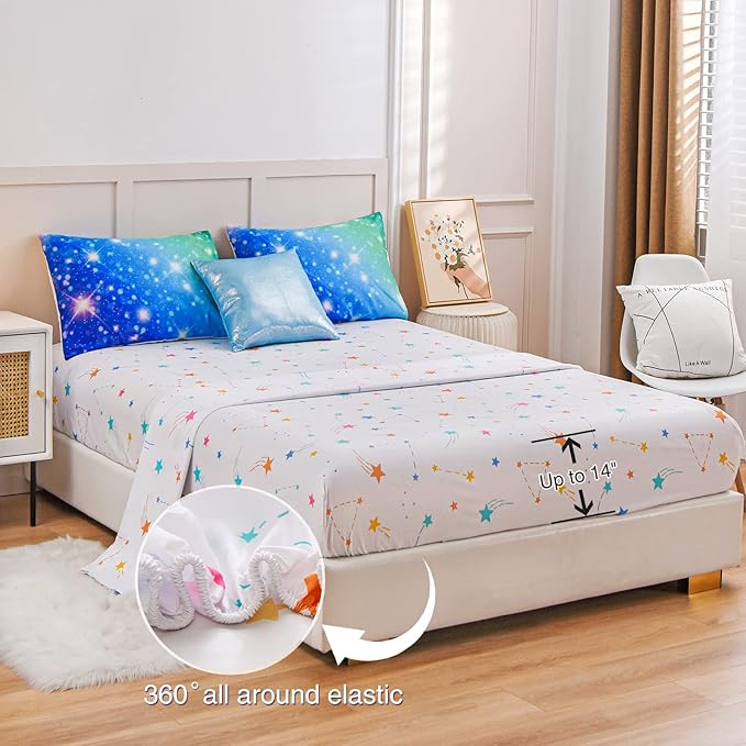A Nice Night 6Pcs Gradient Glitter Bedding Set for Girls, Colorful Rainbow Galaxy Comforter Set, Ultra Soft Bedding Sets (Blue-Green,Full 6Pcs)