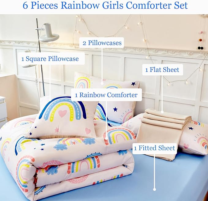 ANGIYUIN 6-Piece Beige Rainbow Girls Comforter Set - Twin Cartoon Love Hearts & Stars Bedding Set for Girls - Soft, Lightweight Kid Bed in a Bag with Comforter, Sheets, Pillowcases
