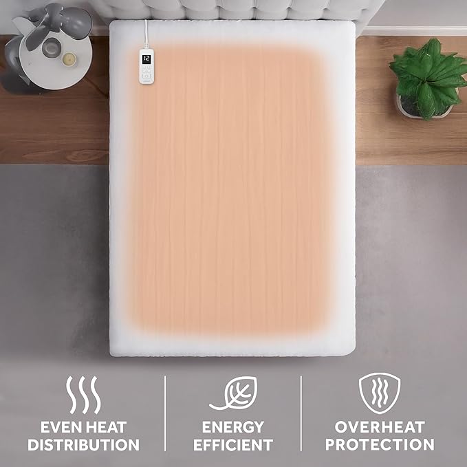 Sunbeam Electric Heated Mattress Pad Soft Cozy Fabric Fast Heating 12 Heat Settings 12-Hour Auto Shut-Off Deep Pocket Skirt Machine Washable Twin 75" x 39"