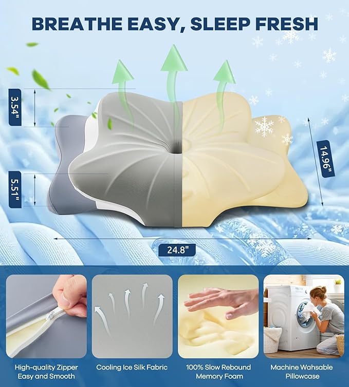 Cervical Pillow for Neck Pain Relief, Cooling Ergonomic Memory Foam Pillow with Ice Silk Pillowcase, Dual-Height Orthopedic Contour Support Pillow for Side,Back,Stomach Sleepers, CertiPUR-US Certified