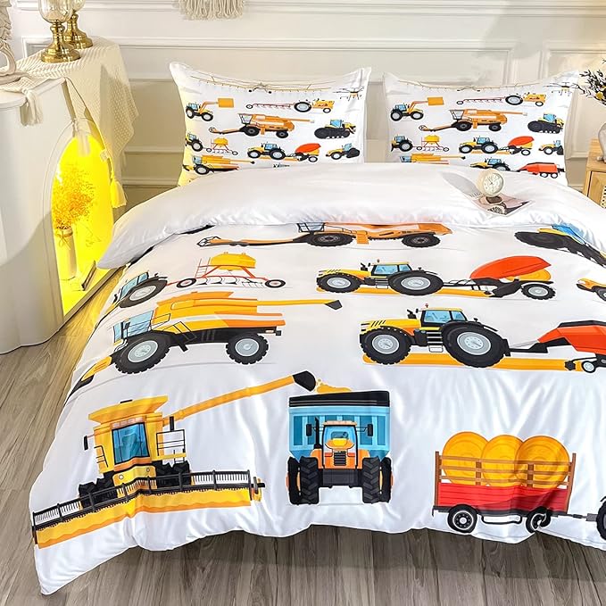 CVHOUSE Excavators Tractor Bedding Set Queen Size,Construction Trucks Duvet Cover for Boy,Machinery Tractor Construction Site Cars Comforter Cover,1 Quilt Cover 2 Pillowcases 3 Piece