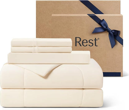 Rest® Evercool®+ Cooling Comforter Set, King Size Snow Ivory, 4pcs with Cooling Blanket, Wrinkle-Free Deep Pocket Fitted Sheet, 2 Silver-Infused Pillowcases for Skin and Hair Bed Set for Ultra Comfort