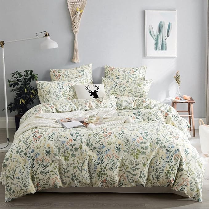 Floral Duvet Cover Queen Size Green Botanical Flower Duvet Cover Set Women Men Boho Aesthetic Garden Style Vinatge Soft Microfiber Bedding Set 3 Pieces with Zipper Ties