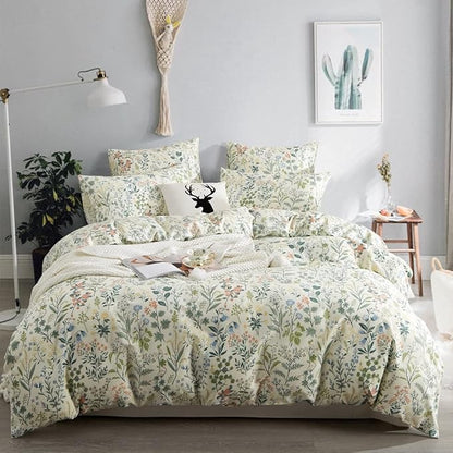 Floral Duvet Cover Queen Size Green Botanical Flower Duvet Cover Set Women Men Boho Aesthetic Garden Style Vinatge Soft Microfiber Bedding Set 3 Pieces with Zipper Ties