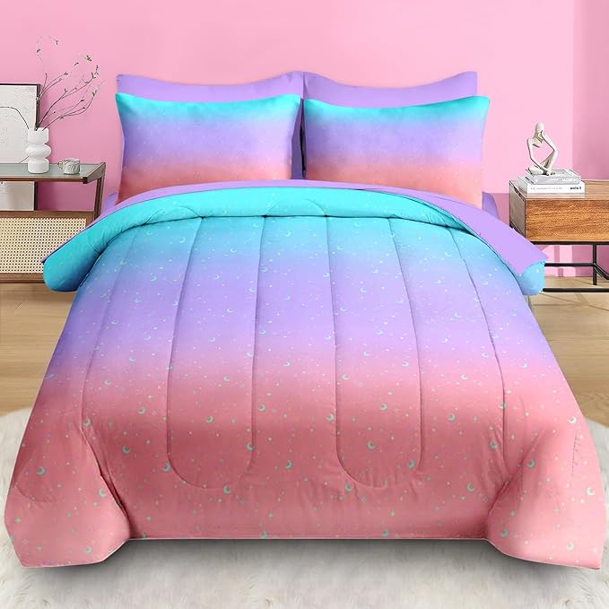 Comforter Set Twin Size, Colorful Rainbow Star Moon 5 Pcs Bedding for Kids and Adults, Purple Pink Blue Gradient Bed Sheet Sets with Fitted Sheet Pillowcase & Sham for Bedroom Bed Decor