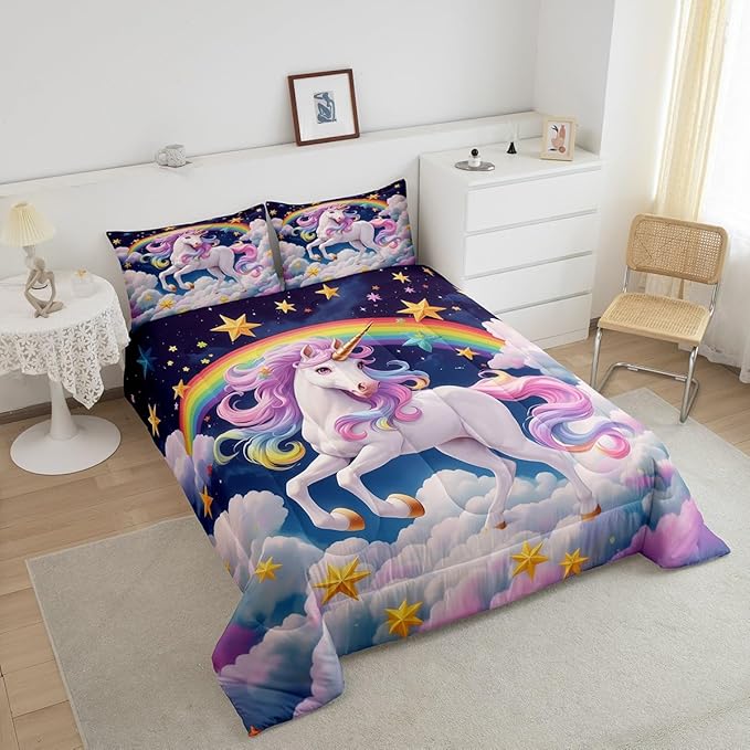 Unicorn Kids Bedding Sets Dreamy Wildlife Horse Animal Reversible Comforter for Boys Rainbow Stars Cloud Blue Galaxy Quilt Set Soft Duvet Insert,1 Pillowcase Toddler Size