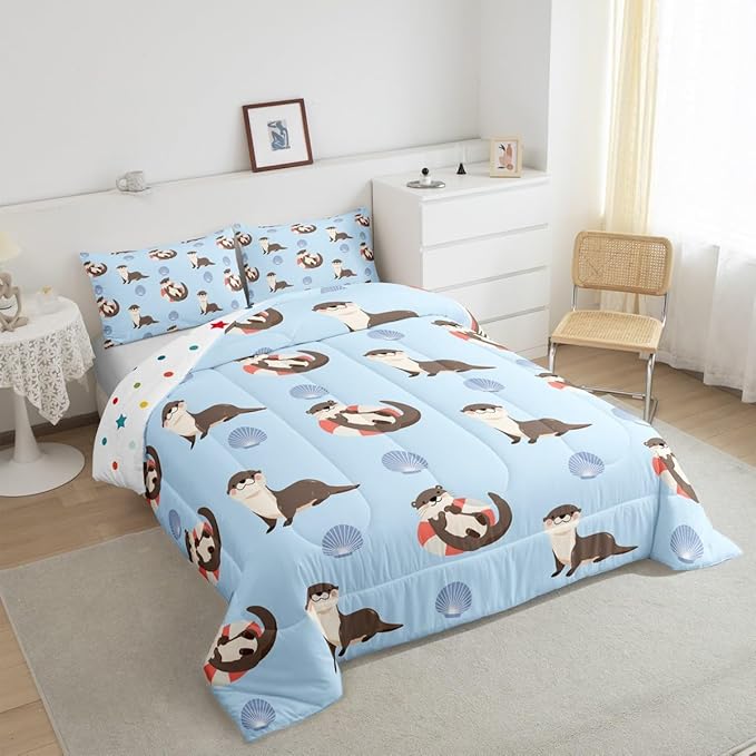 Cute Otter Kids Bedding Set Queen Size 3 Pcs,Cartoon Blue Shell Summer Ocean Theme Comforter Set for Boys Girls Teens,Lovely Wild Animals Hippie Down Comforter with 2 Pillowcases