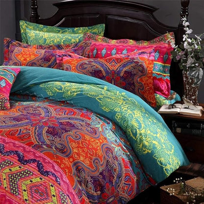 CottonLife Boho King Duvet Cover Soft Cotton 3 Pieces Boho Bedding Sets King Boho Exotic Colorful Chic Style Teal Orange Bohemian Retro Print Duvet Cover King, with Zipper Closure (NO Comforter)