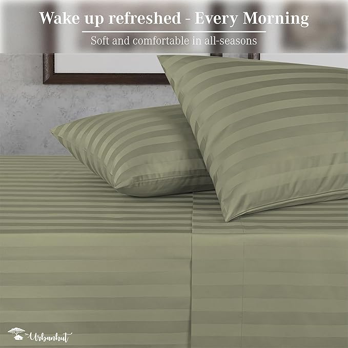 URBANHUT 1000 Thread Count Damask Striped Full Size Egyptian Cotton Sheets, Long Staple Soft & Breathable, 4 Pc Bed Sheet Sets, Luxury Hotel Sateen Finish Sheets Fits 16" Deep Pocket - Sage