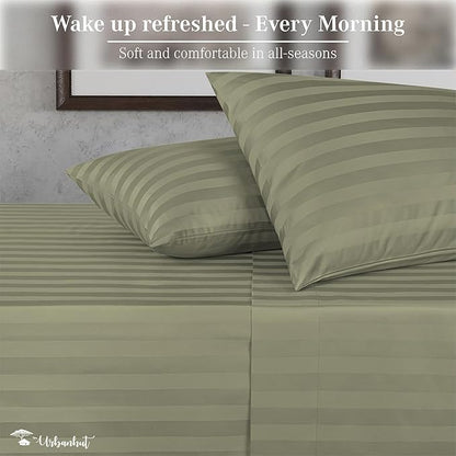 URBANHUT 1000 Thread Count Damask Striped Queen Size Egyptian Cotton Sheets, Long Staple Soft & Breathable, 4 Pc Bed Sheet Sets, Luxury Hotel Sateen Sheets Fits 16" Deep Pocket - Sage