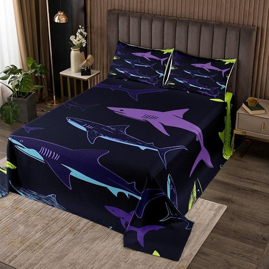 Erosebridal Shark Coverlet Set, Cartoon Shark Bedding Quilted Sea Animal Bedspread for Kids Girls Boys, Soft Microfiber Decorative 3 Pieces King Size, Dark Navy