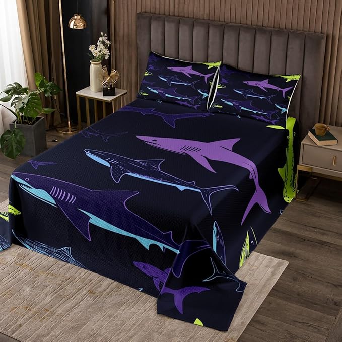 Erosebridal Shark Coverlet Set Cartoon Shark Bedspread Quilt Set Sea Animal Bedspread for Kids Girls Boys, Soft Microfiber Quilted Decorative 2 Pieces Twin Size, Dark Navy
