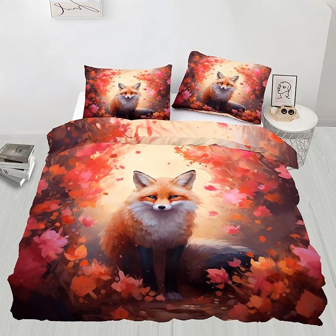 Fox Print Duvet Cover Queen Size, Maple Jungle Red Fox Bedding Set 3 Piece Bedroom Decor Vintage Animal Floral Comforter Cover and 2 Pillow Sham with Zipper Closure