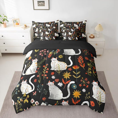 Feelyou Cute Cat 7 Piece Bedding Set Floral Flower Comforter Set with Sheets for Kids Boys Girls Nature Plants Bed in a Bag Black Colorful Bed Set Soft Lightweight