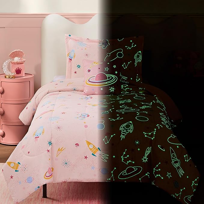 Twin Comforter Set for Girls-3 Pieces Space Glow in The Dark Twin Bedding Sets for Kids,1 Comforter,1 Sham and 1 Decor Pillow