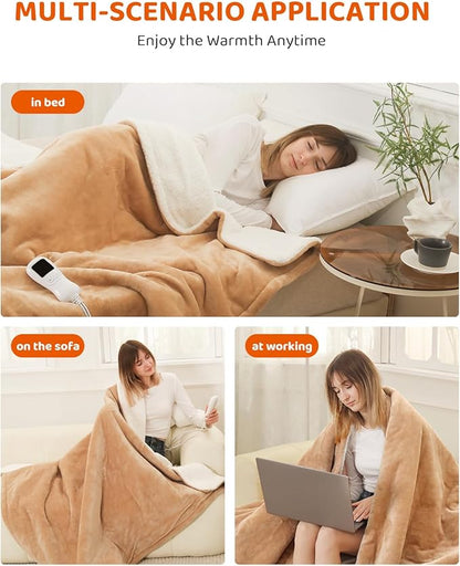 Electric Heated Blanke Throw Size, Super Soft Cozy Upgraded Flannel Heating Blanket with 9 Heating Levels & 1-9 Hours Auto Off, Fast Heat & Overheat Protection, 50" x 60", Khaki