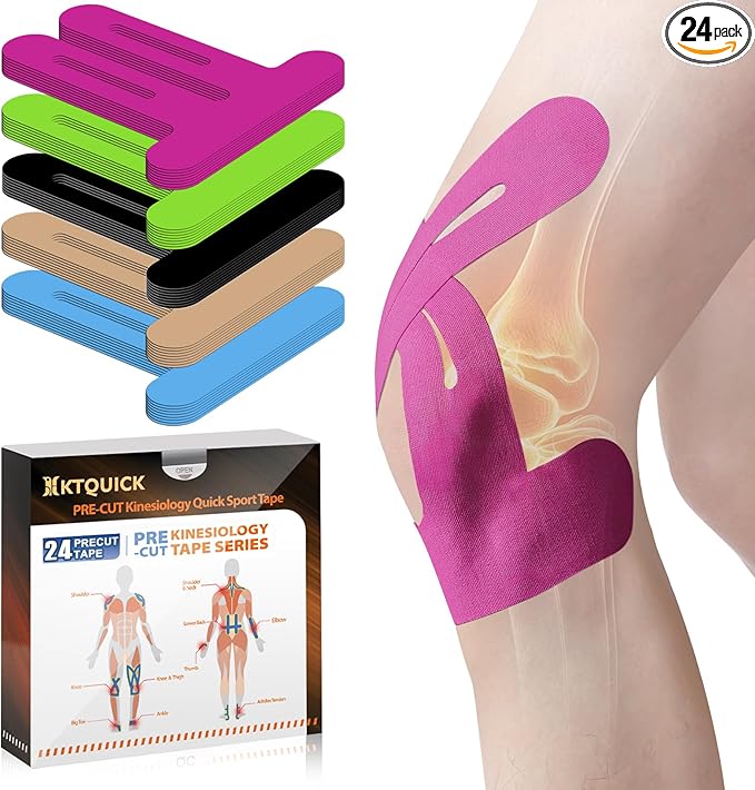 PreCut Kinesiology Tape for Knees, 24PCS Waterproof KTQUICK Knee Tape for Knee Pain Relief Pre Cut, Original Cotton Athletic Knee Tape, Waterproof & Hypoallergenic Latex-Free for Sports (Pink)