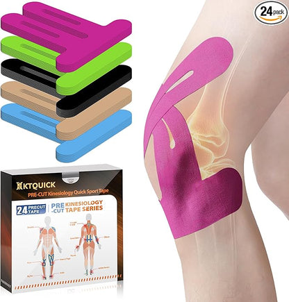 PreCut Kinesiology Tape for Knees, 24PCS Waterproof KTQUICK Knee Tape for Knee Pain Relief Pre Cut, Original Cotton Athletic Knee Tape, Waterproof & Hypoallergenic Latex-Free for Sports (Pink)