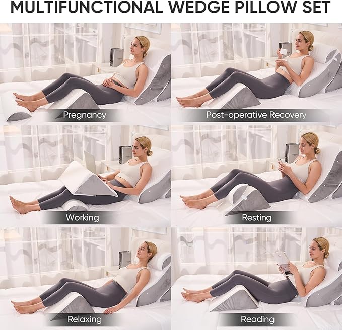 4 PCS Wedge Pillow Set for After Surgery, Memory Foam Orthopedic Bed Wedge Pillow Set, Adjustable Bed for Sleeping, Acid Reflux Relief, Post Surgery Recovery, Back Support, Leg Elevation, Gery