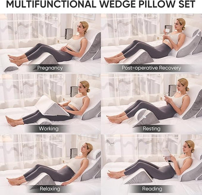 4 PCS Wedge Pillow Set for After Surgery, Memory Foam Orthopedic Bed Wedge Pillow Set, Adjustable Bed for Sleeping, Acid Reflux Relief, Post Surgery Recovery, Back Support, Leg Elevation, Gery