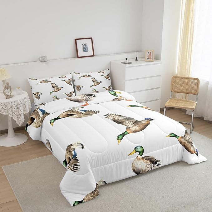 Feelyou Mallard Duck Bedding Set Hunting and Fishing Comforter Set Wild Animal Comforter for Boys Girls Kids Wildlife White Duvet Set King Size with 2 Pillow Case