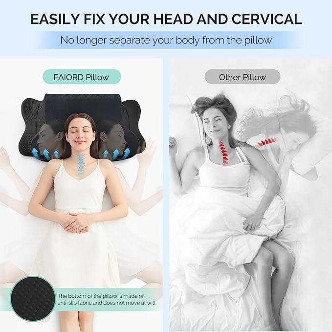 Cervical Pillow for Neck Pain Relief - Cooling Ergonomic Dual-Sided Orthopedic Neck Pillow with Ice Silk Pillowcase, Breathable Memory Foam Contour Pillow for Side, Back, Stomach Sleepers,All Black