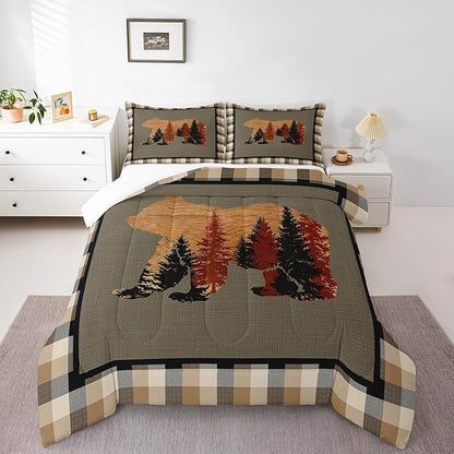 Feelyou Cute Bear Comforter Set Wild Animal Bedding Set for Teens Nature Wildlife Bear Bedding Set Western Farmhouse Orange Grey Duvet Set Room Decor King Size Duvet Set 3Pcs Boys