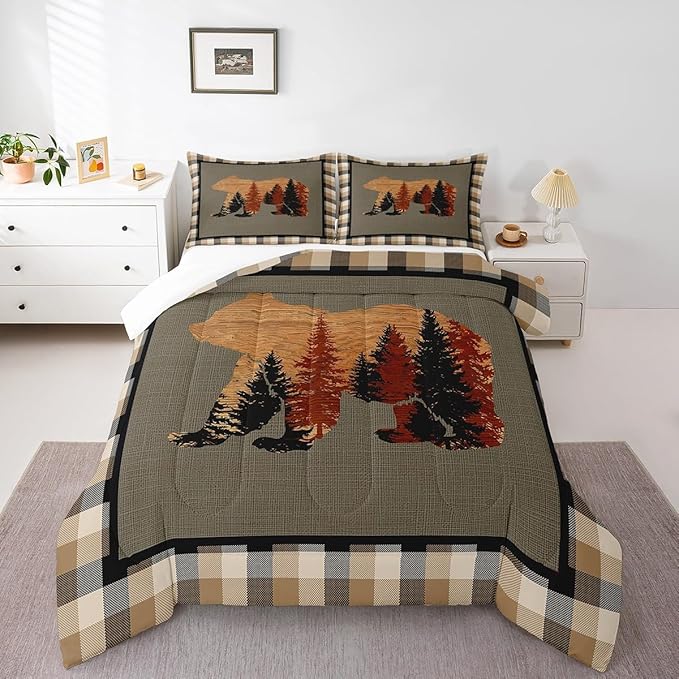Feelyou Cute Bear Comforter Set Wild Animal Pattern Bedding Set for Teens Nature Wildlife Bear Bedding Set Western Farmhouse Orange Grey Duvet Set Room Decor Full Size Duvet Set 3Pcs