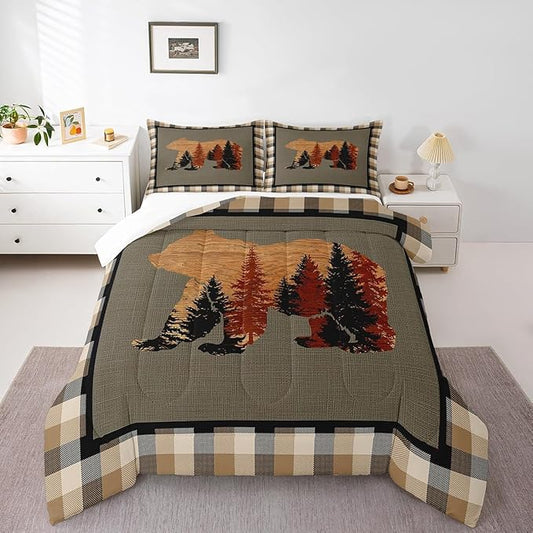 Feelyou Cute Bear Comforter Set Wild Animal Pattern Bedding Set for Teens Nature Wildlife Bear Bedding Set Western Farmhouse Orange Grey Duvet Set Room Decor Full Size Duvet Set 3Pcs