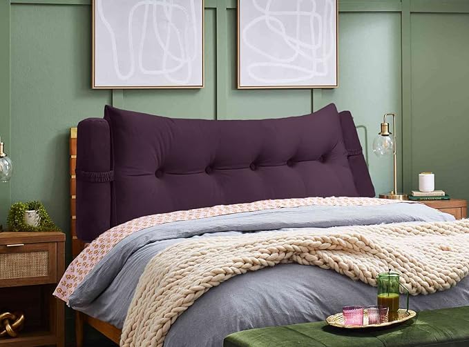Triangular Reading Bed Rest Pillow Large Bolster Cushion Headboard Backrest Wedge Pillow with Two Detachable Roll Pillows for Neck & Lumbar Support (Purple, King: 77 x 8 x20 inches)