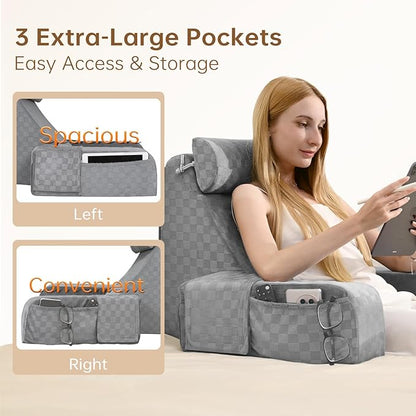 Vekkia Reading Pillow for Adults – Ergonomic 45° Wedge Back Support Chair for Sitting in Bed, XL Side Pockets, Perfect for Working, Gaming, Watching TV, Relaxing, or Recovery, Great Gift Idea, 19”