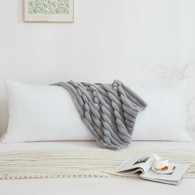 Full Body Pillow with Fluffy Stripe Faux Fur Removable Cover, Long Bed Pillow Adult 20x54 Inches for Side Sleeper and Pregnancy, Gray.