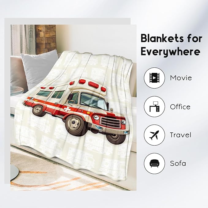 Ambulance Blanket, Cozy Soft Throw Gifts for Kids, Cute White Flannel Throw Blankets for Bed Travel, 50x60 Inches