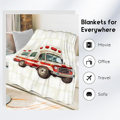 Ambulance Blanket, Cozy Soft Throw Gifts for Kids, Cute White Flannel Throw Blankets for Couch Office, 30x40 Inches