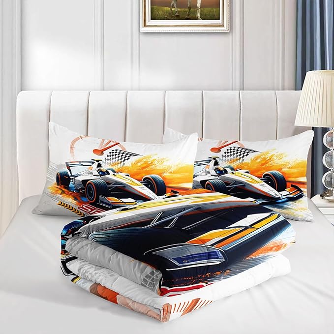 Racing Car Comforter Set Extreme Sports Printed Bedding Set with 1 Comforter and 2 Pillowcases for Boys and Girls Bedroom All Season(Car Full)